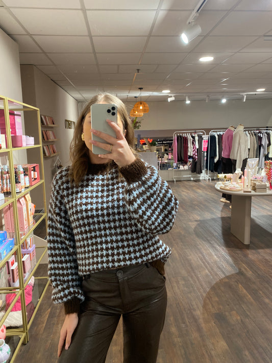 Blauw bruine dames trui met pied-de-poule motief.