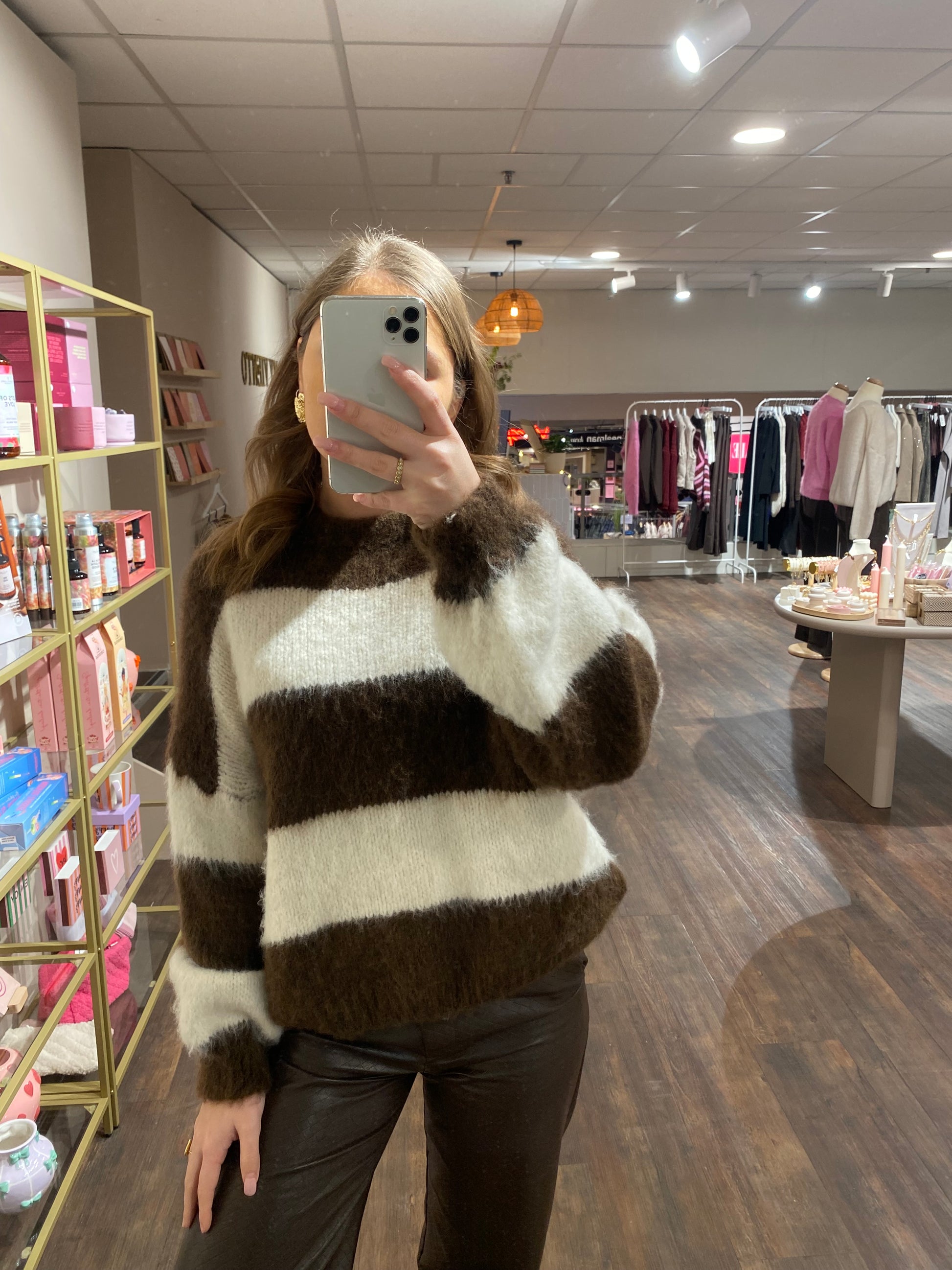Zachte bruin creme gestreepte sweater knit voor dames.