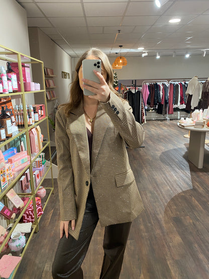 Bruin geruite blazer met glitter voor dames, chique en trendy.