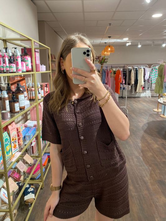 Bruine gehaakte set met short en cardigan
