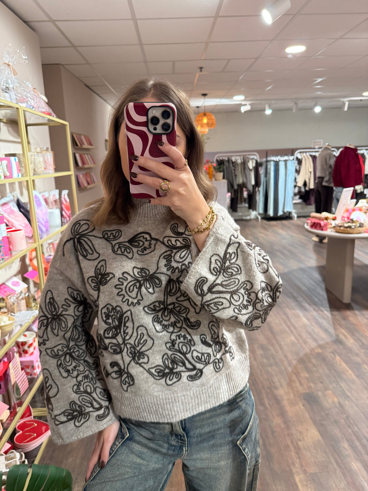 Merel - floral embroidery trui taupe