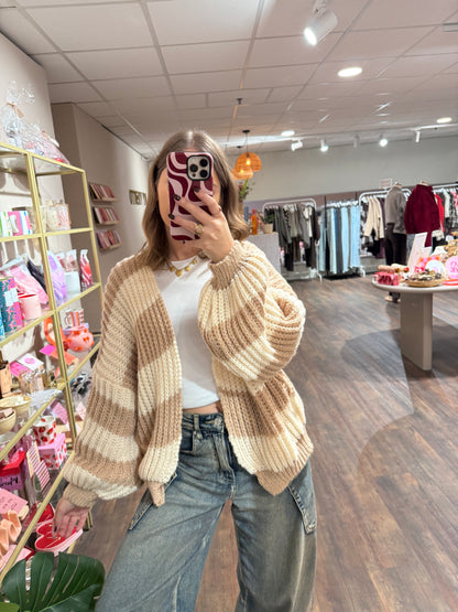 Beau - chunky gestreepte cardigan creme/bruin