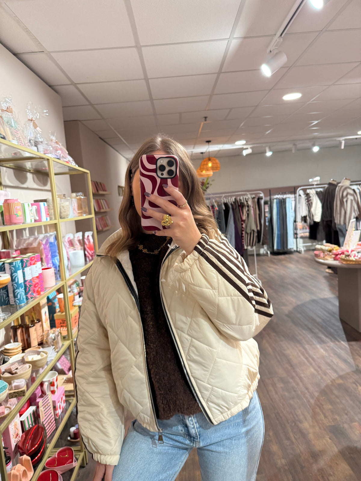 Nina - creme gewatteerde jas met strepen