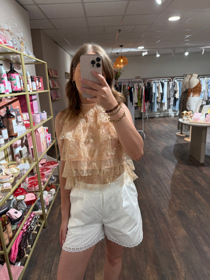 Emma -  sheer glitter ruffle top koraal