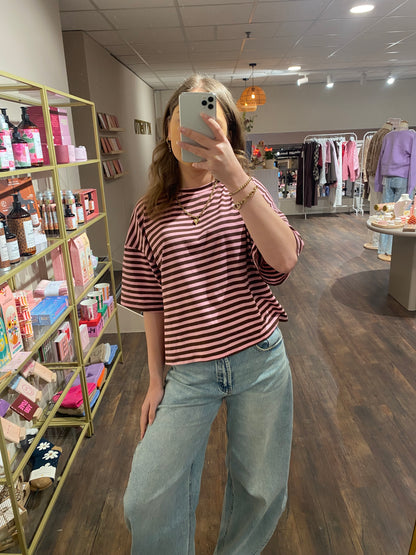 Liva - gestreepte top roze/bruin