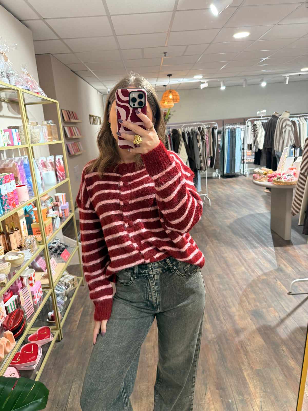 Kristel - rood/roze gestreepte cardigan