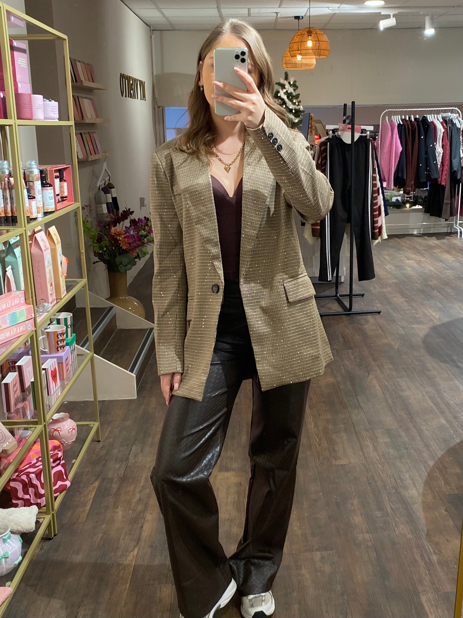 Geruite dames blazer in bruin met kleine pailletten 