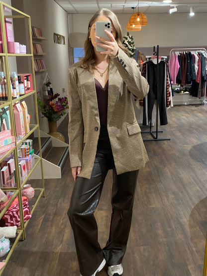 Geruite dames blazer in bruin met kleine pailletten 