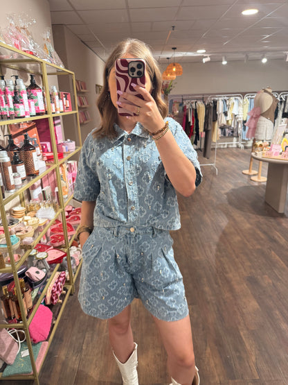 Denim co-ord met zilveren glitter steentjes 