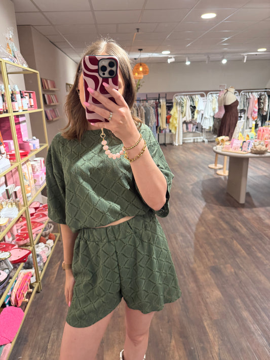 Donkergroene broderie set met top en korte broek