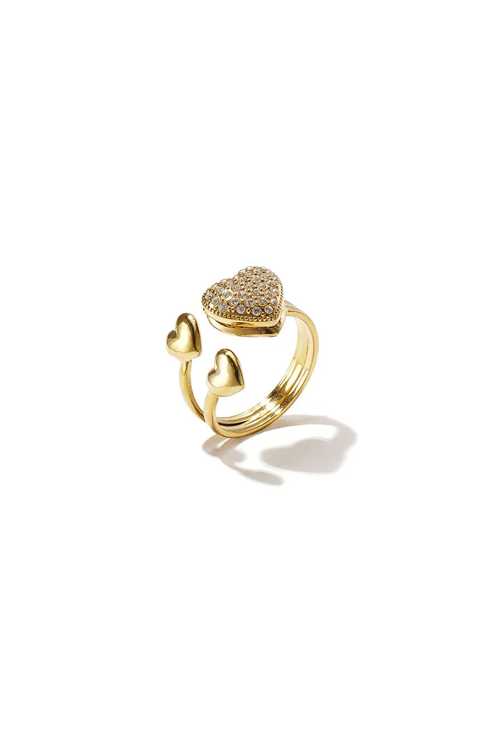Dubbel hartje met groot hartje met kleine steentjes ring goud