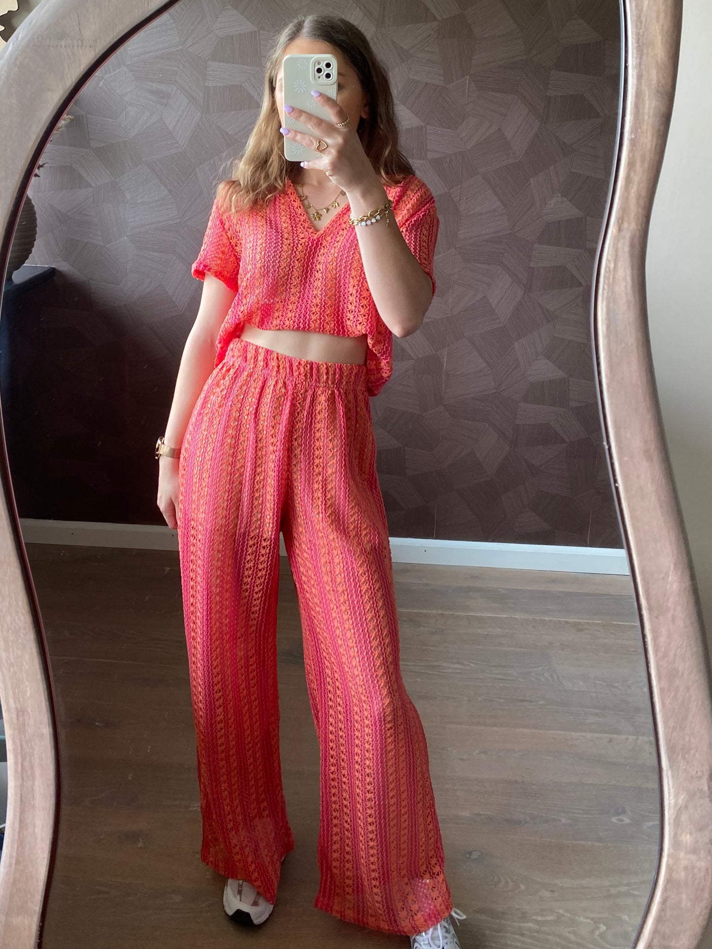 Cato - roze oranje zomersetje met cropped top & wijde broek