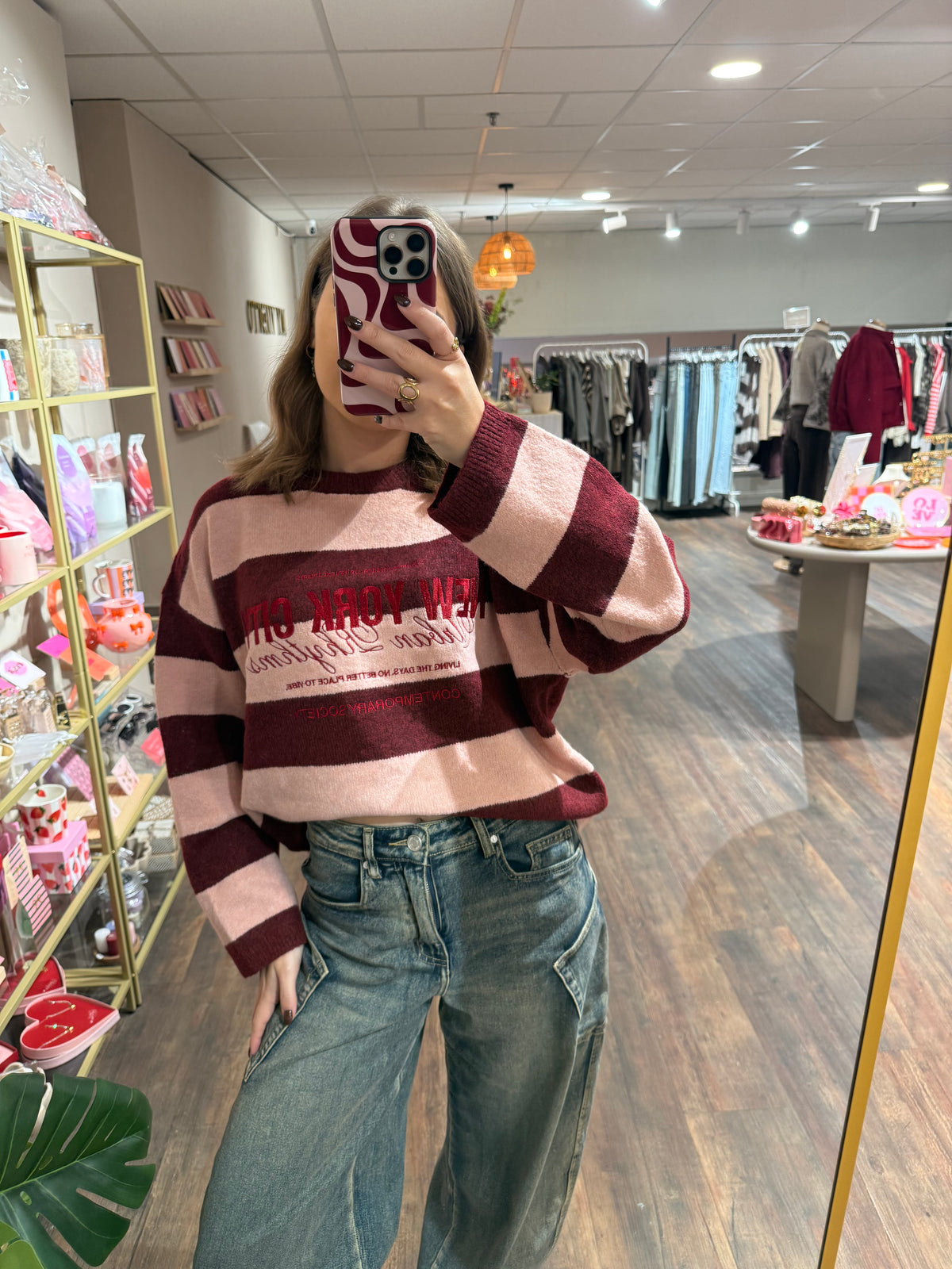 Liv - gestreepte NYC trui roze/rood