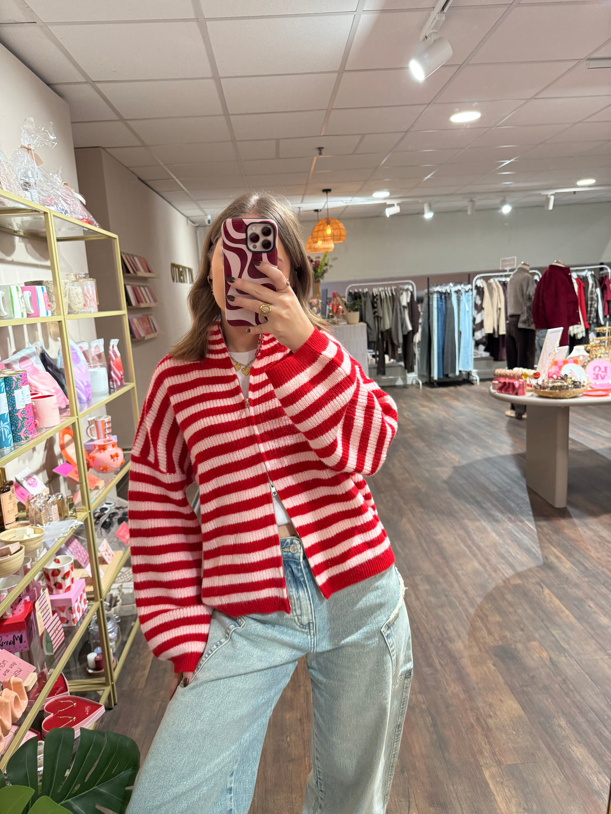 Amy - gestreepte cardigan roze/rood