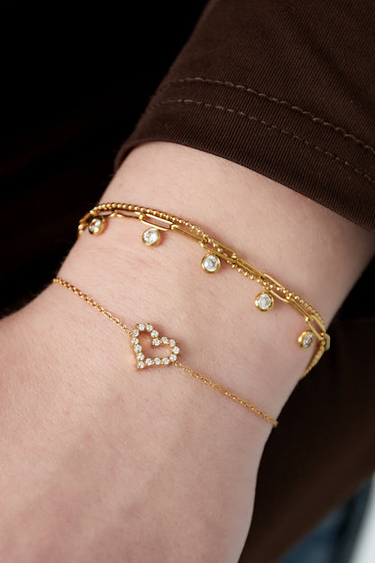 Strass hartje armband goud