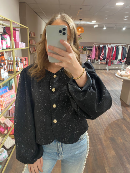 Dames top met glitter, pofmouw en chique gouden roos knopen, feestelijk.