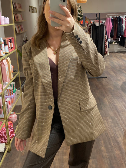 Dames blazer in bruin ruitpatroon met subtiele glitterdraad.