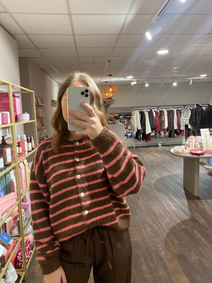 Bruin met roze gestreept damesvest, zachte knit, trendy voor het najaar.