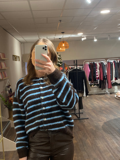 Bruin met blauw gestreept damesvest, zachte knit, trendy voor het najaar.