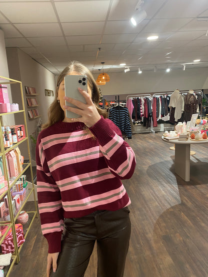 Zachte dames trui met burgundy en roze strepen.