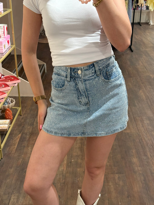 Glitter denim skort met rokje voorkant en broekje achterkant