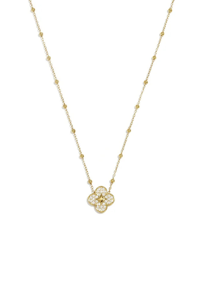 Grote bloem met belegde randen ketting goud