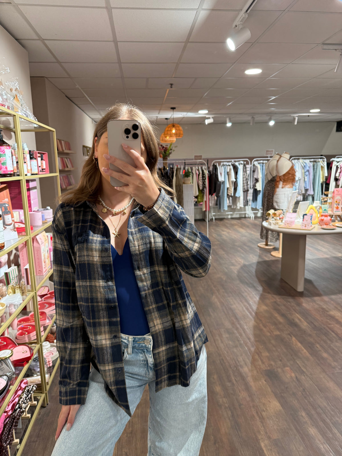 Casual blouse in blauw en bruin 
