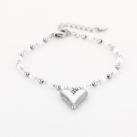 Parel en kralen armband met hart zilver