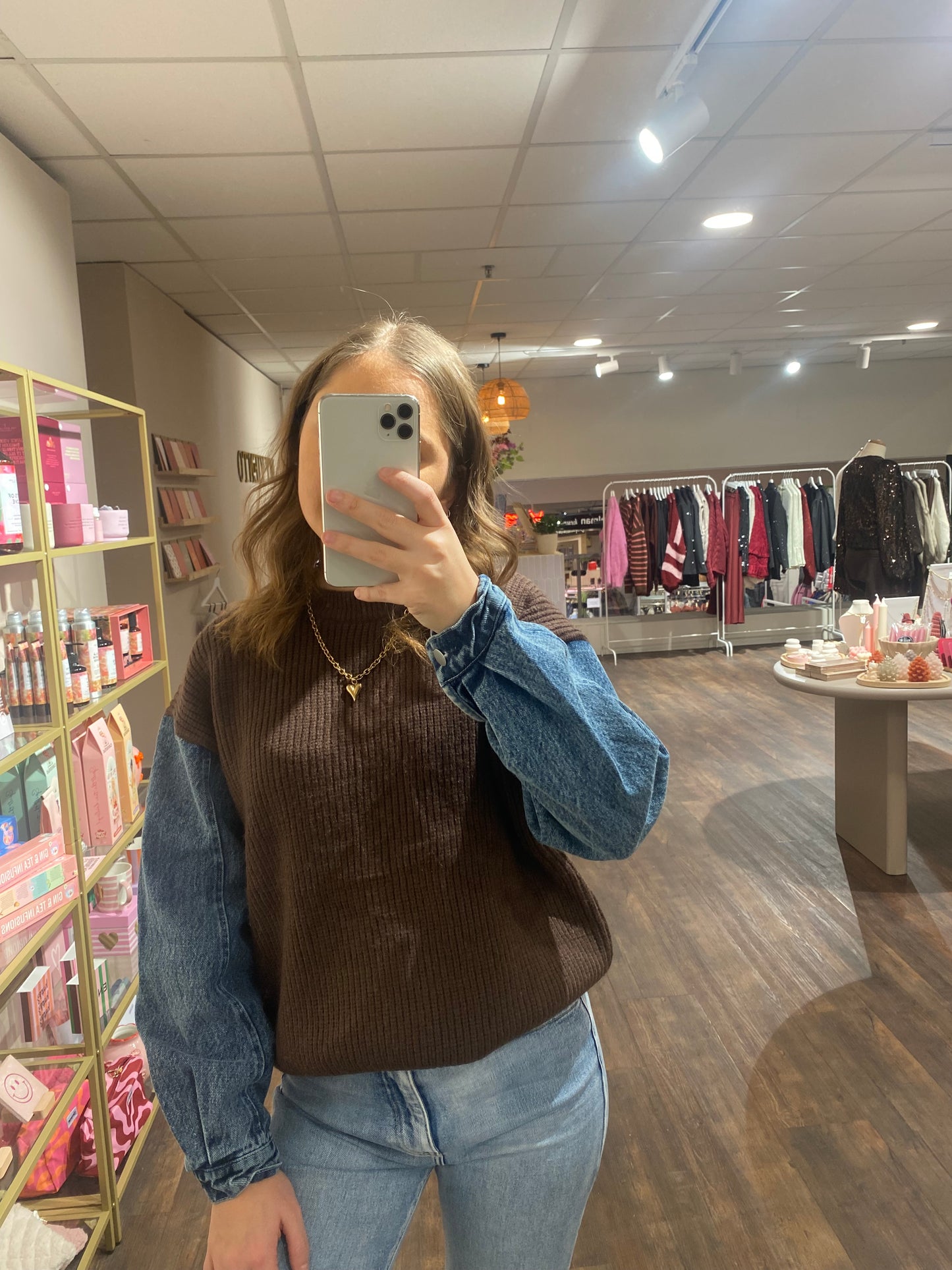 Dames trui bruin met denim sleeves, unieke mix van knit en jeans.