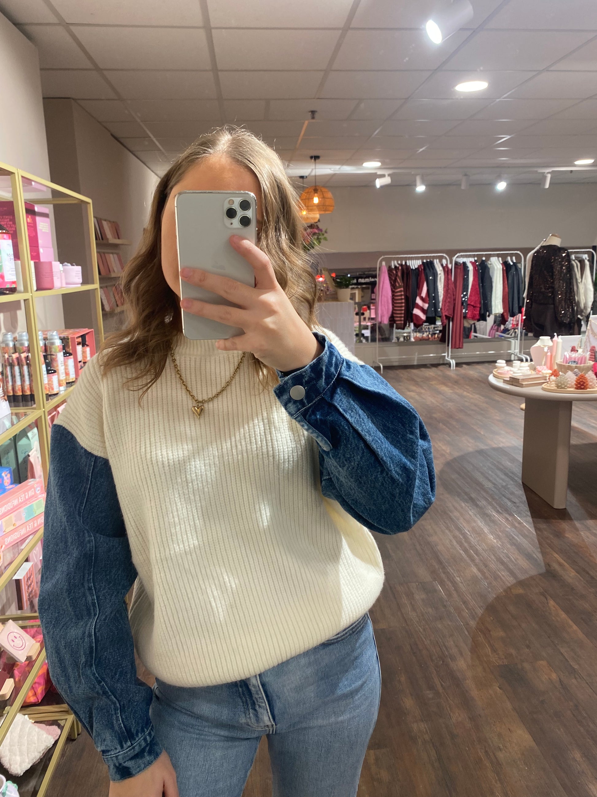 Dames trui wit met denim sleeves, unieke mix van knit en jeans.