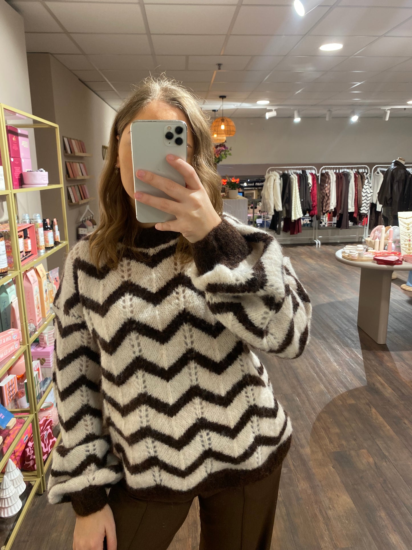 Dames sweater in creme en bruin met zigzagpatroon, comfortabel en modieus.