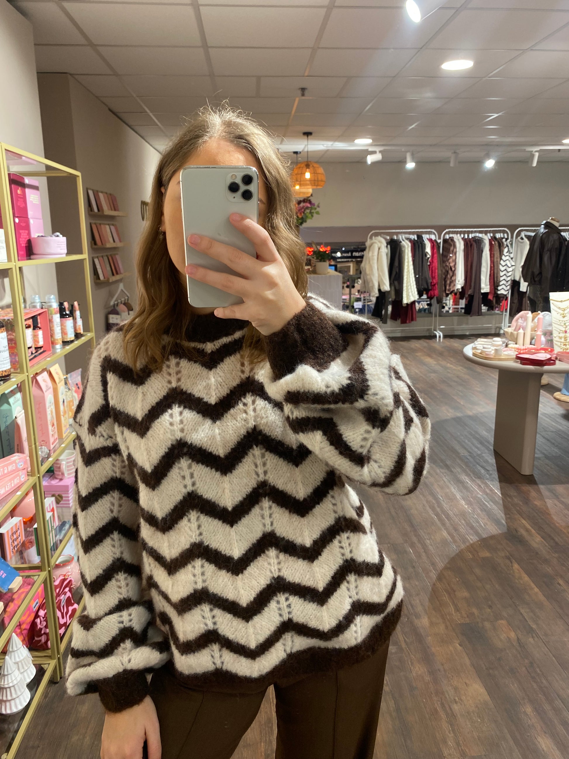 Dames sweater in creme en bruin met zigzagpatroon, comfortabel en modieus.