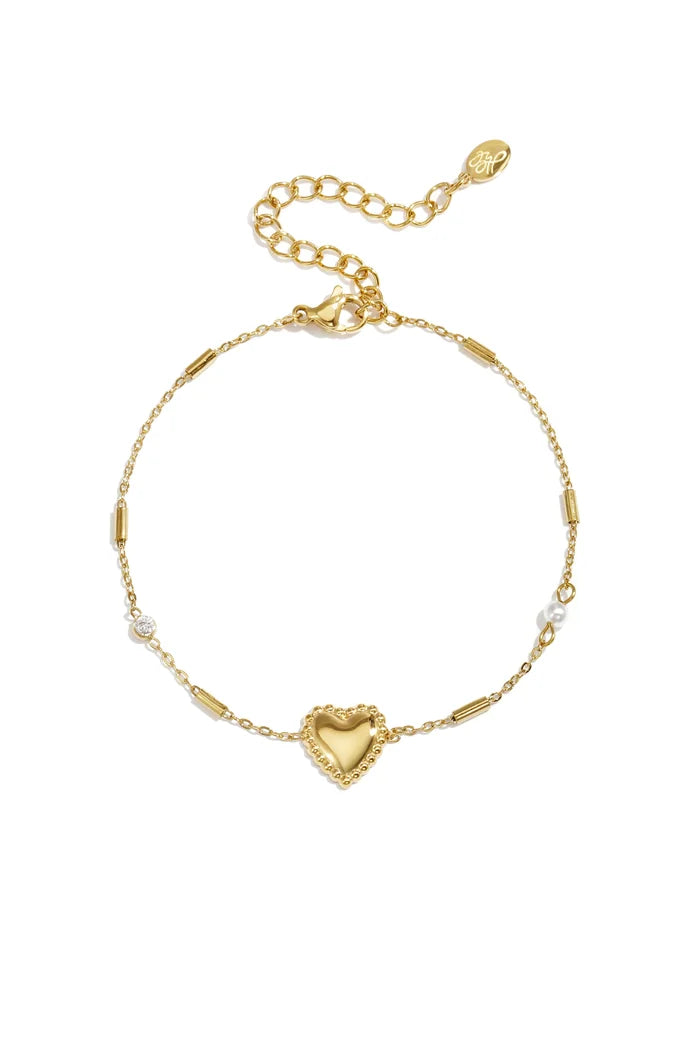 Parel, steentje en statement hart armband goud