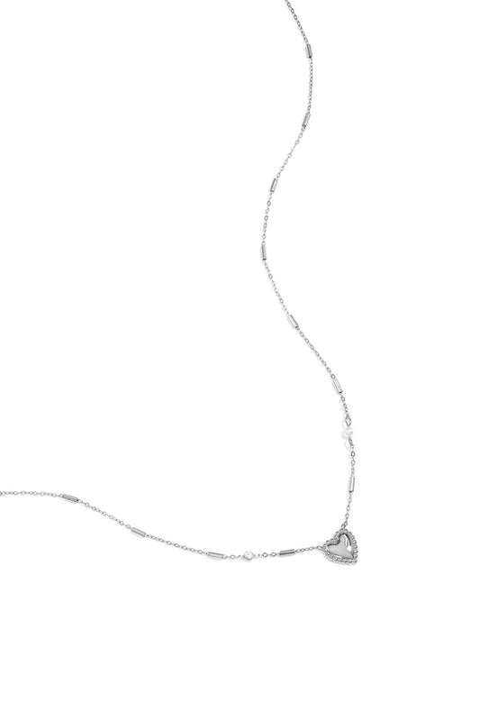 Parel en steentje met hartje ketting zilver