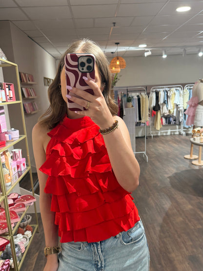 Rode top met open rug en ruffles 