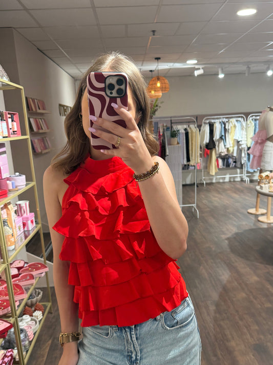 Rode top met open rug en ruffles 