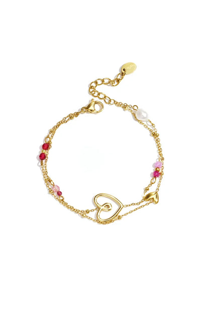 Speels hart, kralen en parel dubbele armband goud