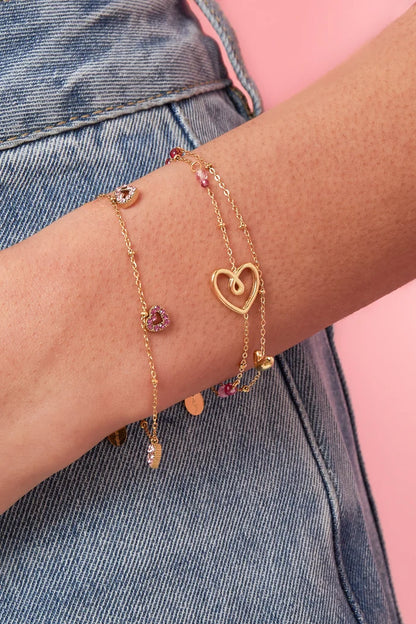 Speels hart, kralen en parel dubbele armband goud