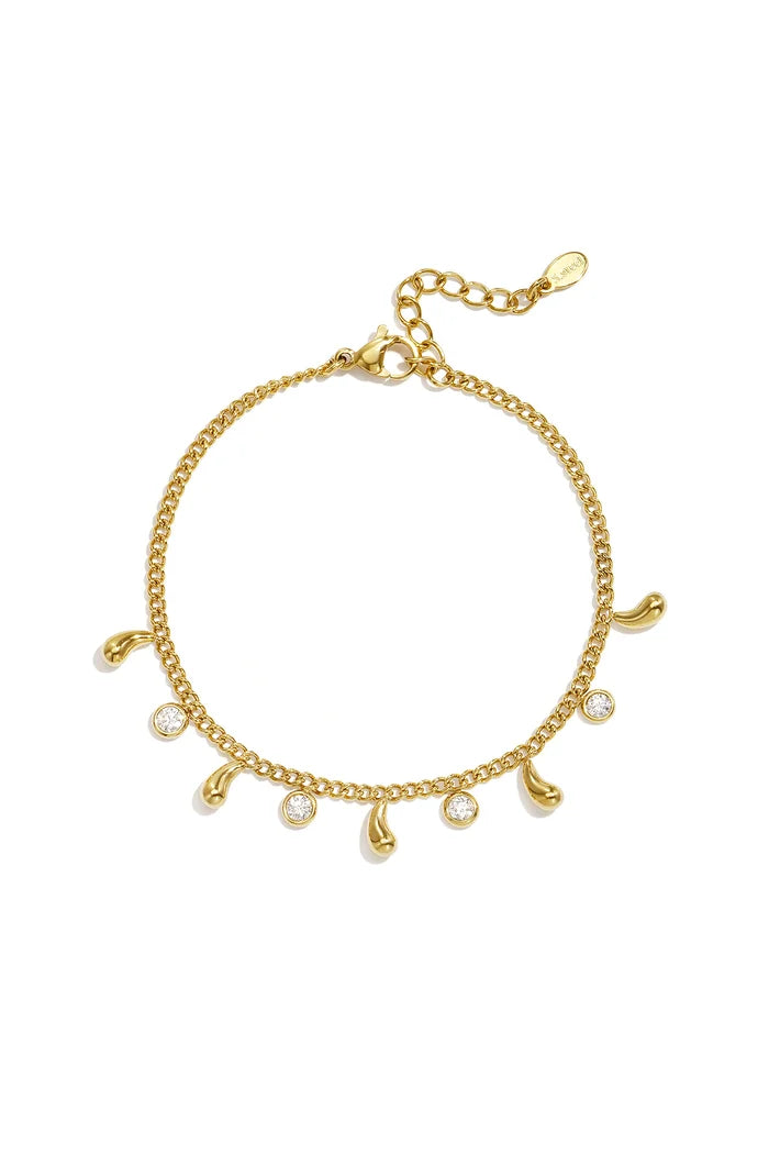 Strass steentjes en drubbelhangertjes armband goud