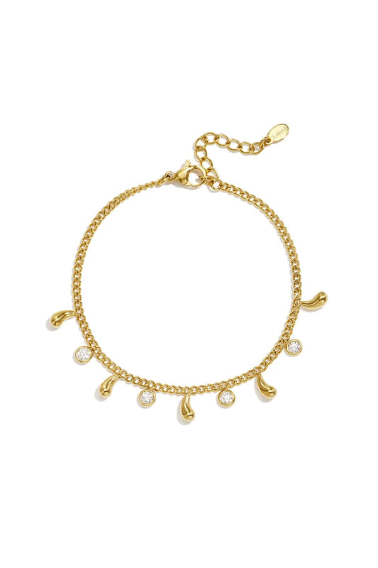 Strass steentjes en drubbelhangertjes armband goud