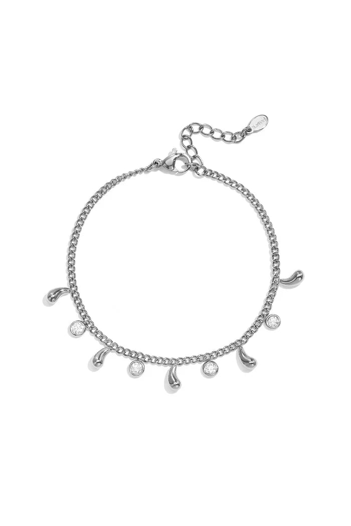 Strass steentjes en drubbelhangertjes armband zilver