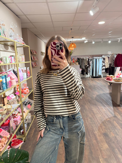 Taupe en donkerbruin gestreepte longsleeve.