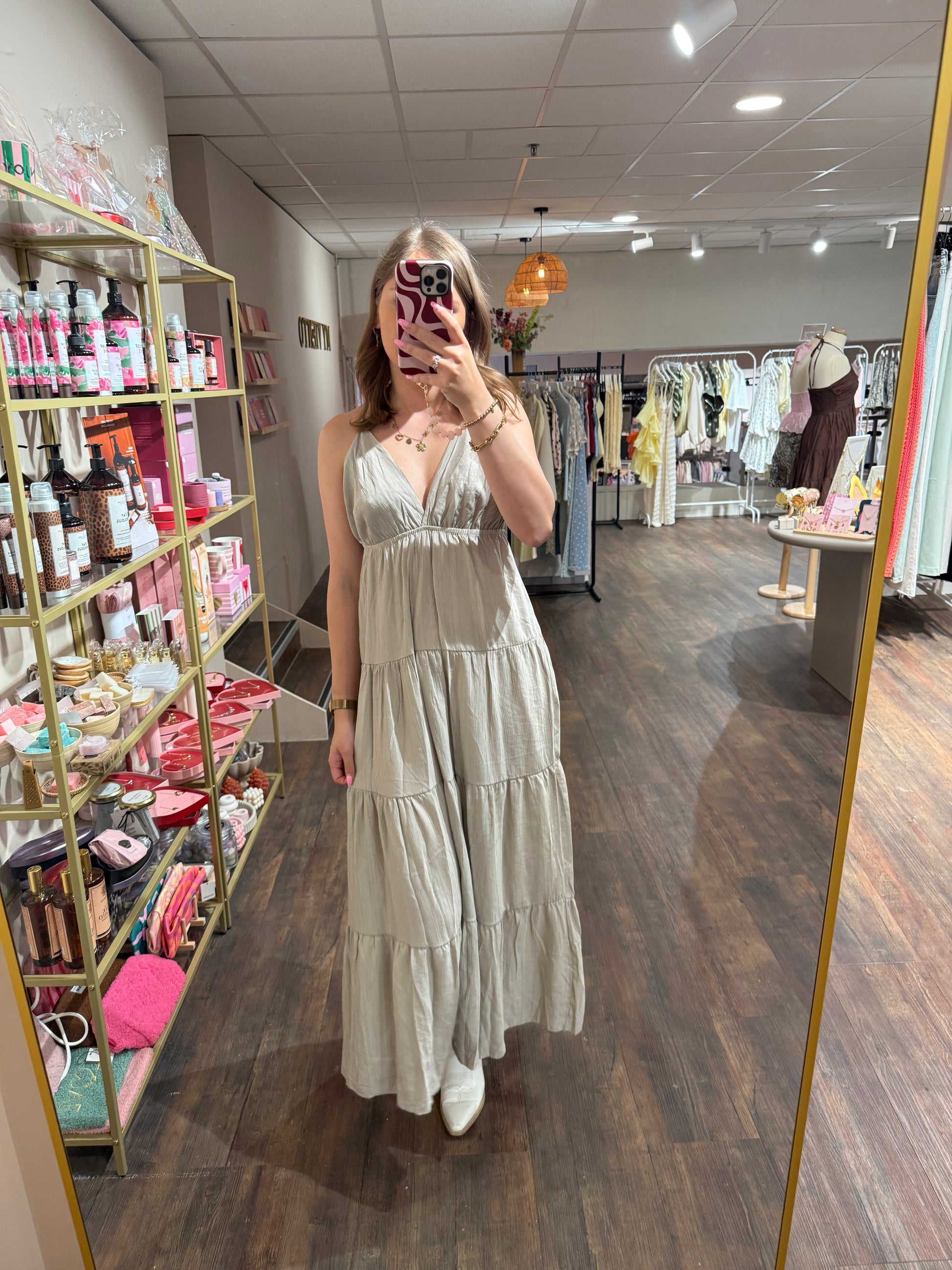 Taupe maxi jurk met verstelbare bandjes