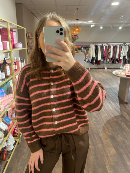 Trendy damesvest met roze en bruine strepen, ideaal voor casual looks.