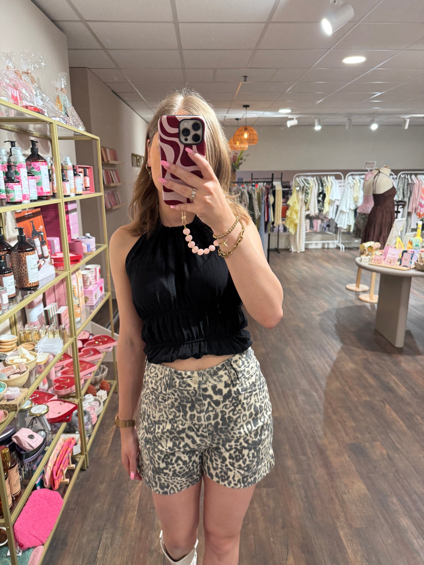 Panterprint denim short voor dames
