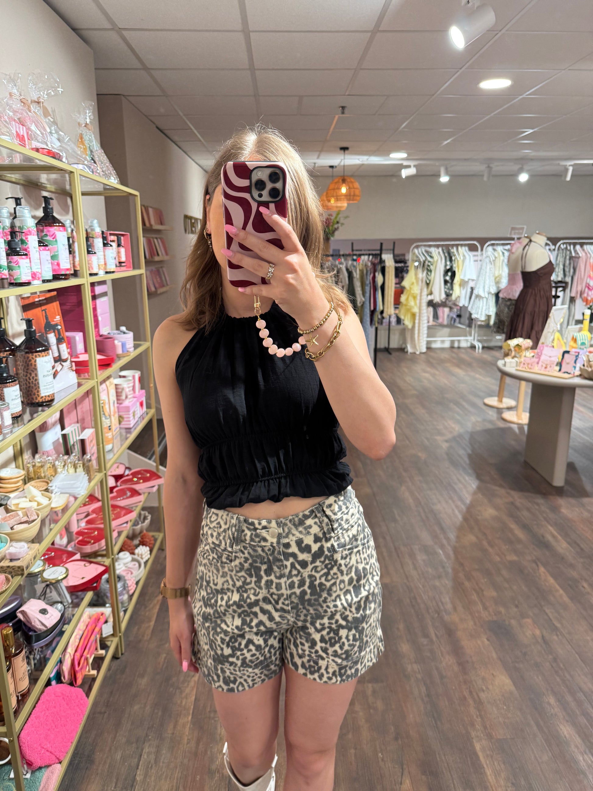 Panterprint denim short voor dames