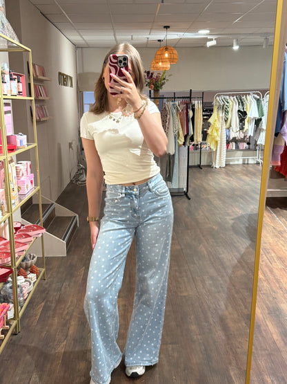Unieke denim broek met polkadot print