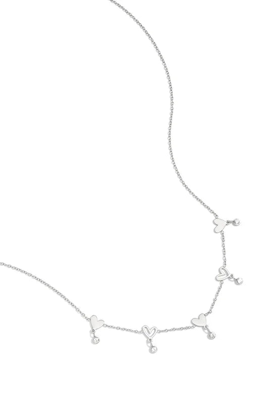 Wisselende hartjes en hangende steentjes ketting zilver