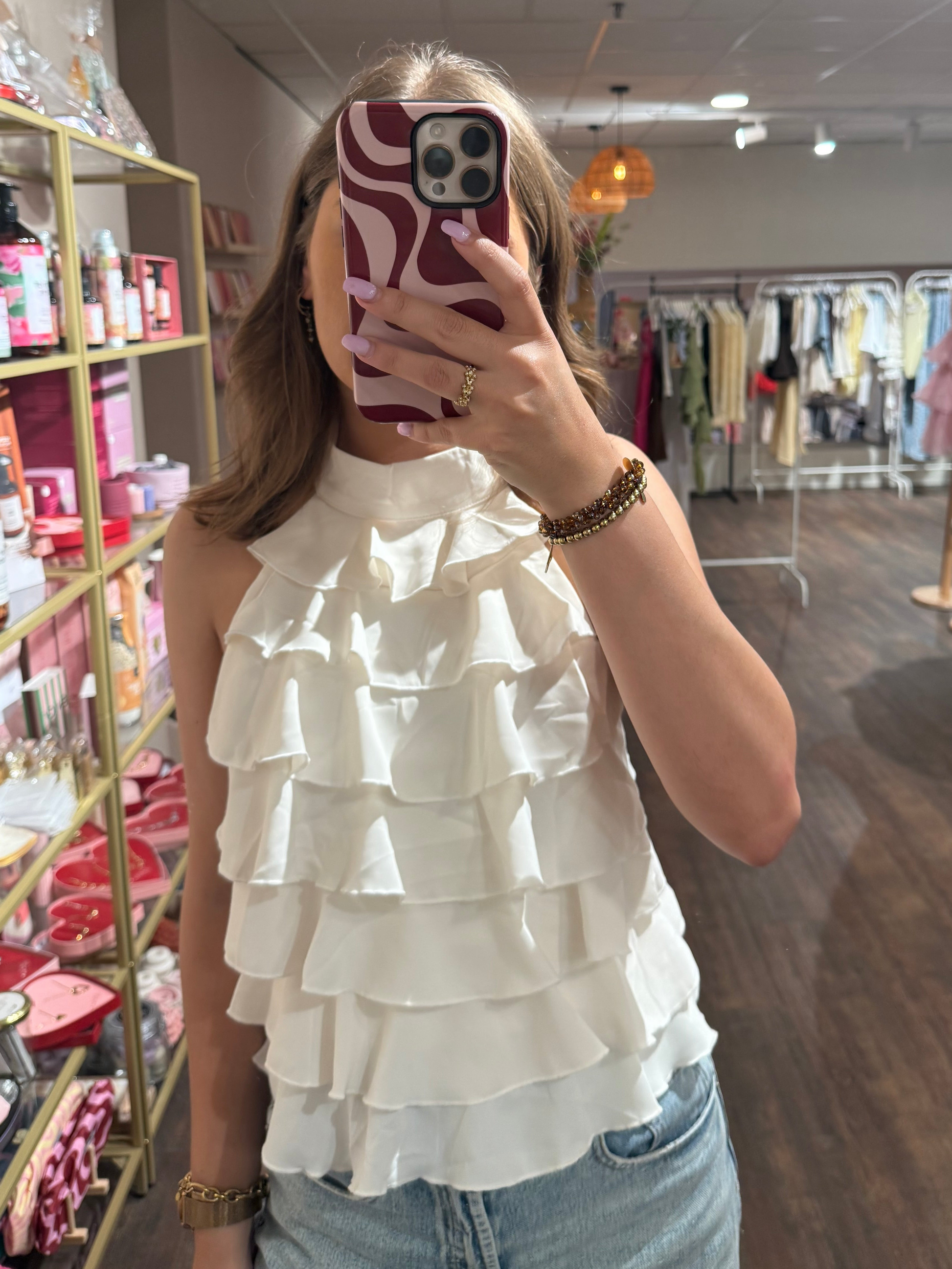 Witte top met open rug en ruffles 