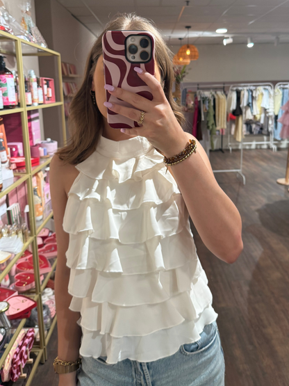 Witte top met open rug en ruffles 